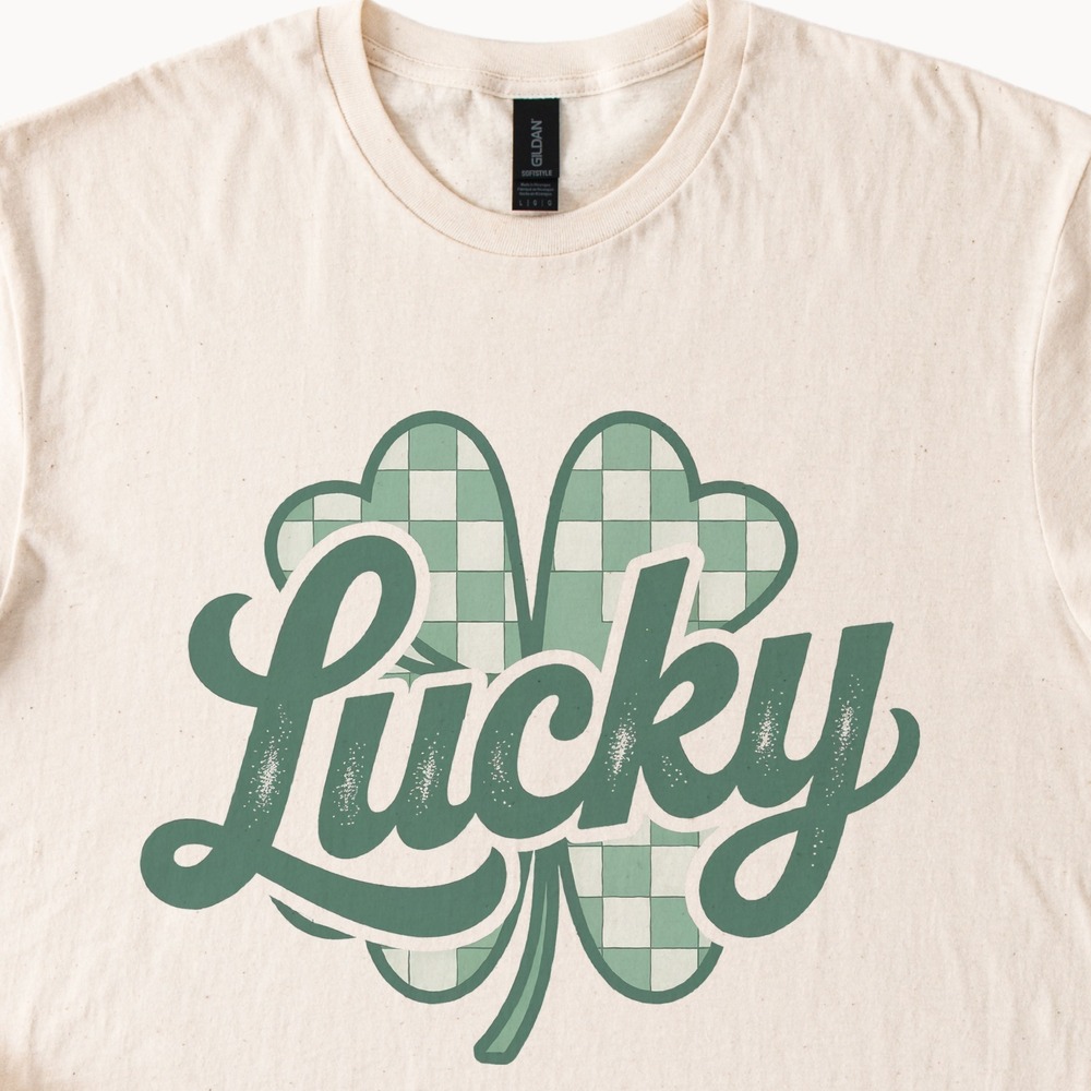 Lucky Clover Retro Graphic Tee with Checkered Leaf Design - Picture 2 of 6